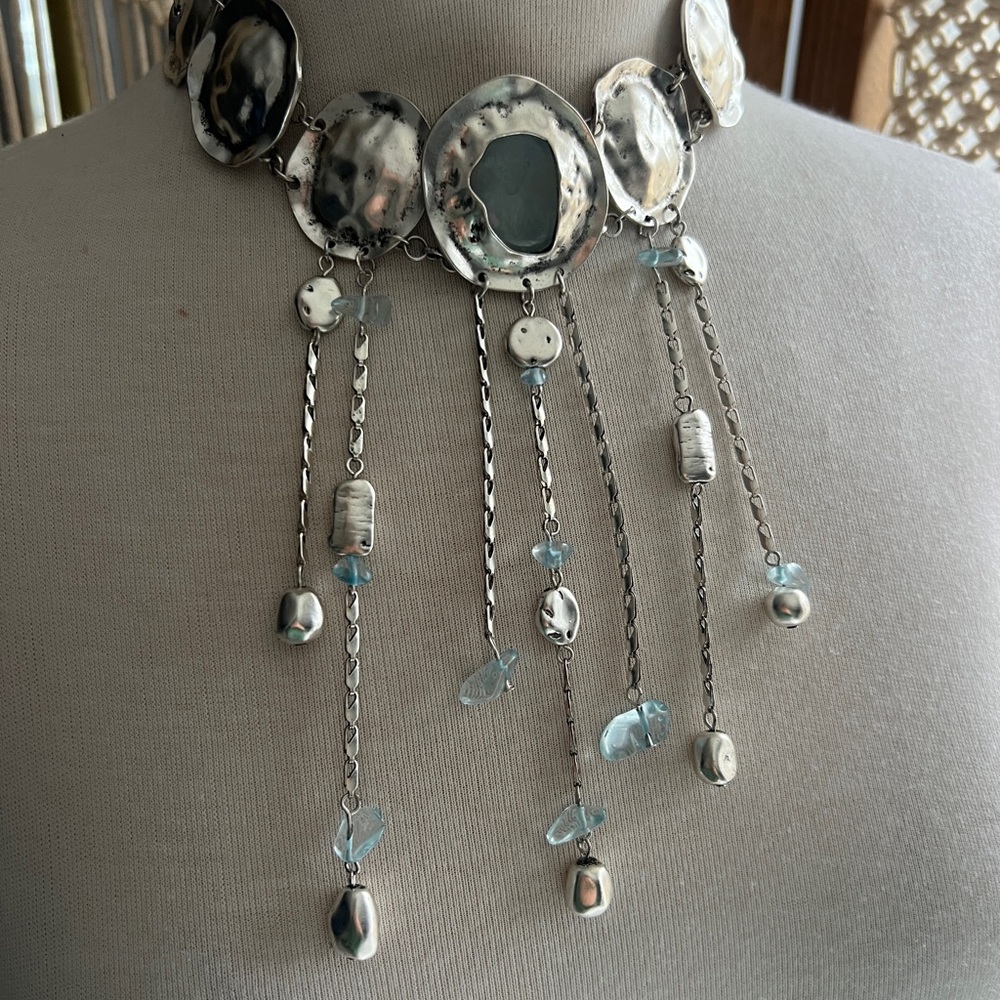 Free People Speak Up Silver and Blue Statement Necklace
